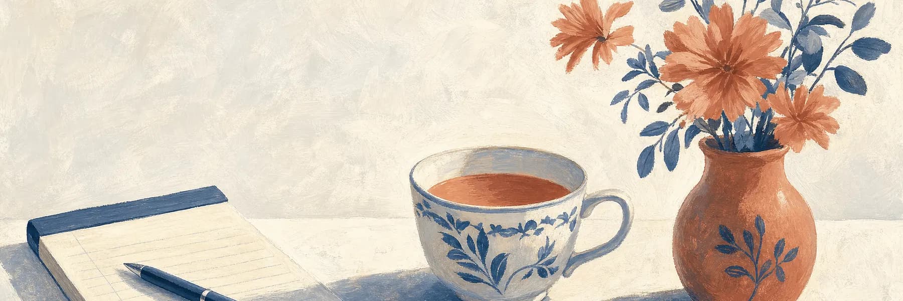 Painted banner of a notepad and pen, a teacup, and terracotta flowers in a small vase